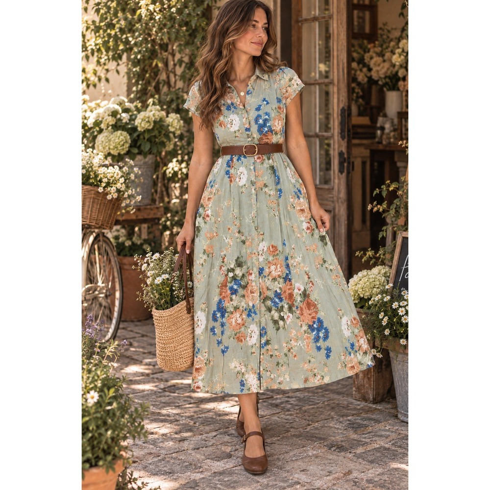 April Cornell Floral Maxi Button Front Short Sleeve Modest Green Dress Large